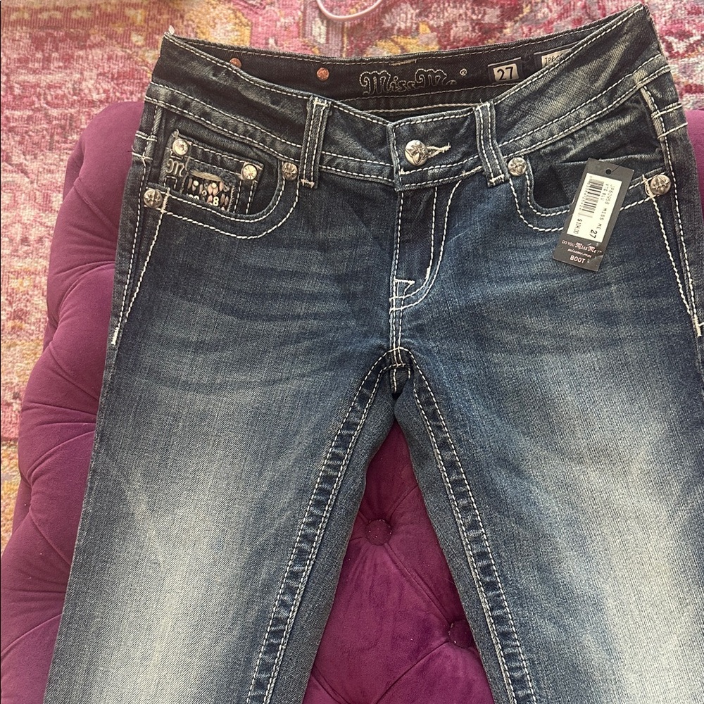 NWT Miss Me Embellished Vintage Blue Boot Cut Jeans Sz 27 inseam 32 - Picture 3 of 11